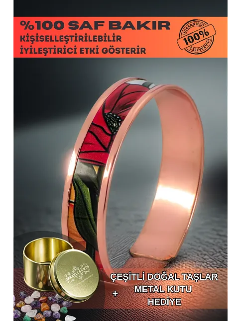 Kadın Bakır Bileklik - Chlara Model Özel Baskı Metal Kutu Ve Doğal Taşlar