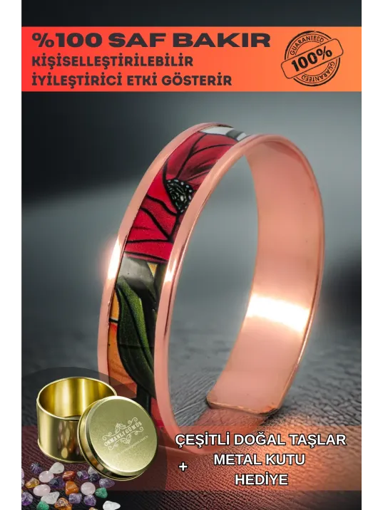 Kadın Bakır Bileklik - Chlara Model Özel Baskı Metal Kutu Ve Doğal Taşlar
