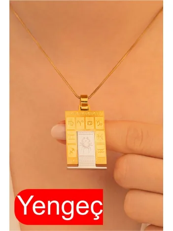 Kadın Çelik Kolye - Çelik Dikdörtgen Model Burç İşlemeli Kadın Kolye