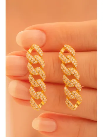 Kadın Gümüş Küpe - 22 Ayar Gerçek Altın Kaplama Taşlı Gurmet Model Gümüş Küpe