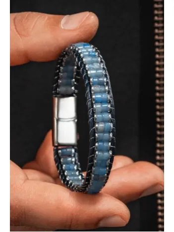 Erkek Kadın Mavi Hematit Taşı Deri Kordon Doğal Taş Bileklik