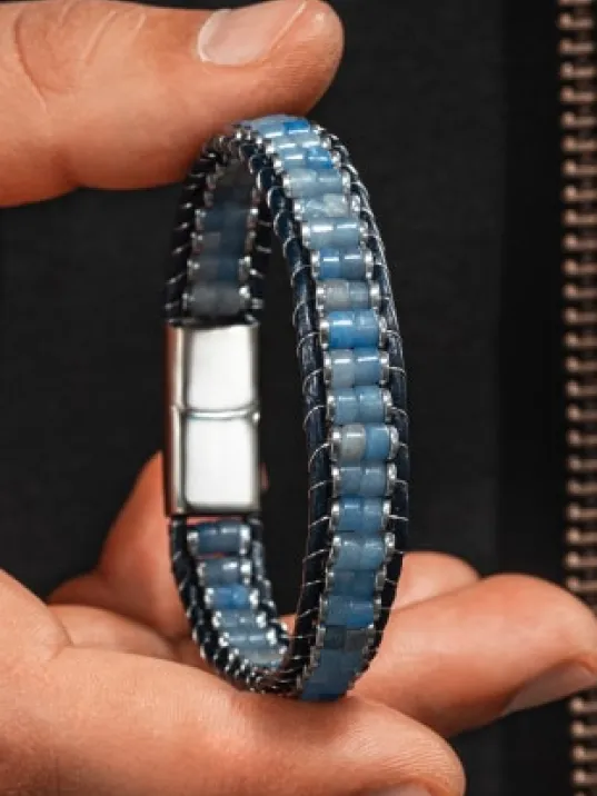 Erkek Kadın Mavi Hematit Taşı Deri Kordon Doğal Taş Bileklik