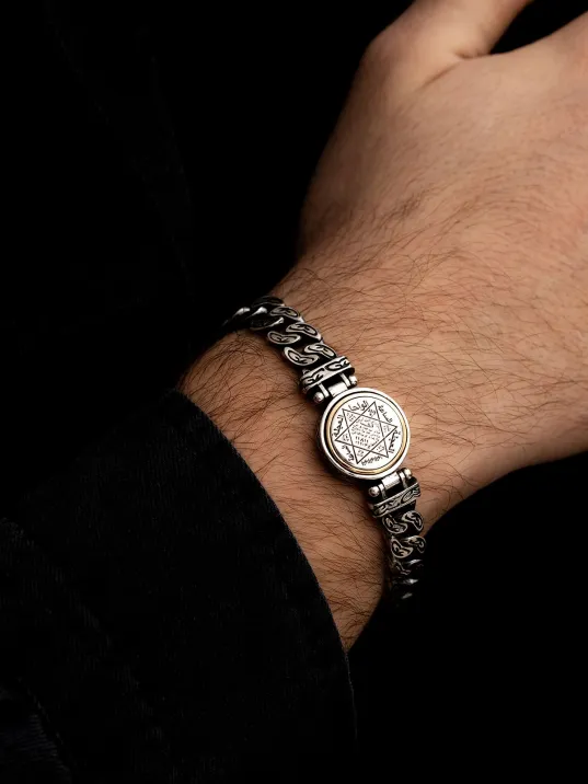 Erkek Gümüş Bileklik - Ortası Dönen Hz Süleyman Model Gurmet Zincir Gümüş Bileklik Künye Erkek Gümüş Bileklik - Ortası Dönen Hz Süleyman Model Gurmet Zincir Gümüş Bileklik Künye