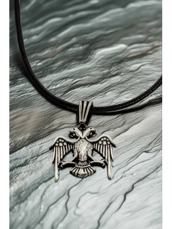 Erkek Gümüş Kolye Ucu - Çift Başlı Selçuklu Kartalı Oksitli Model Deri Kolyeli 925 Ayar Gümüş