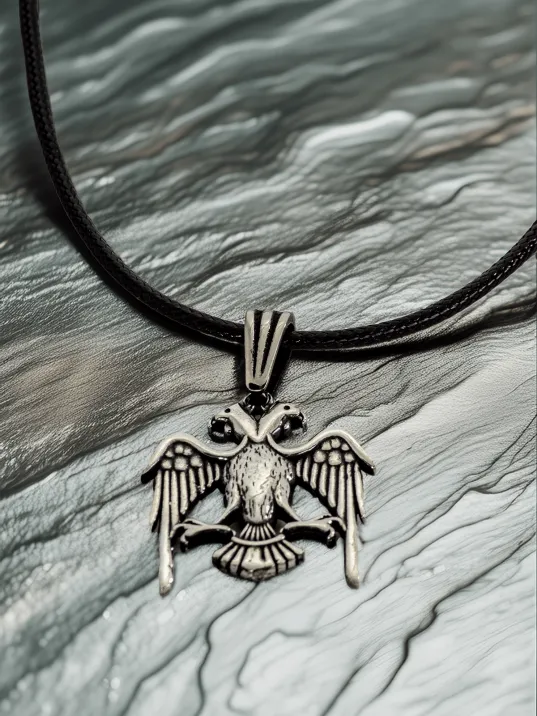 Erkek Gümüş Kolye Ucu - Çift Başlı Selçuklu Kartalı Oksitli Model Deri Kolyeli 925 Ayar Gümüş