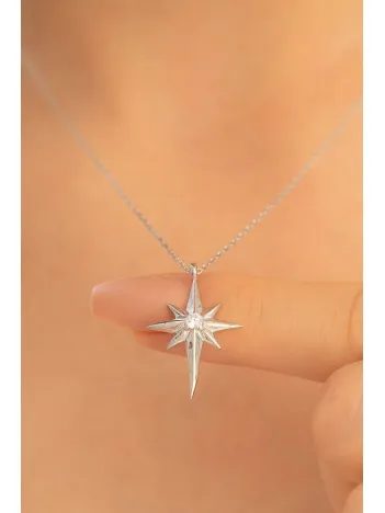 Kadın Gümüş Kolye - Zirkon Taşlı Kutup Yıldızı Motifli Gümüş Kolye