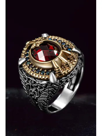 Erkek Gümüş Yüzük - Kırmızı Zirkon Taşlı Altın Kaplama Erkek Yüzük