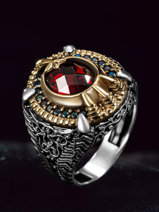 Erkek Gümüş Yüzük - Kırmızı Zirkon Taşlı Altın Kaplama Erkek Yüzük