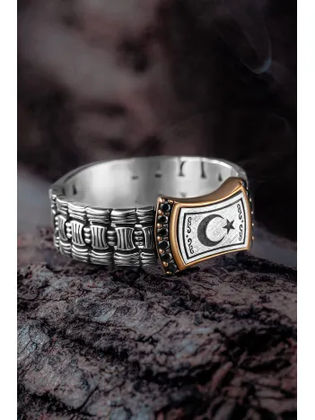 Erkek Gümüş Yüzük - Örgü Model Zirkon Taşlı Ay Yıldız İşlemeli Erkek Yüzük Erkek Gümüş Yüzük - Örgü Model Zirkon Taşlı Ay Yıldız İşlemeli Erkek Yüzük