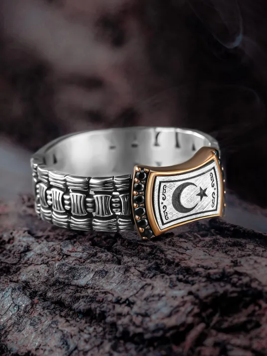 Erkek Gümüş Yüzük - Örgü Model Zirkon Taşlı Ay Yıldız İşlemeli Erkek Yüzük