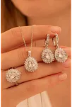 Kadın Gümüş Set - Damla Model Zirkon Taşlı Baget Süslemeli Rodyumlu Kadın Set