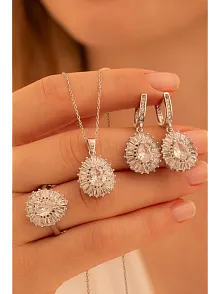 Kadın Gümüş Set - Damla Model Zirkon Taşlı Baget Süslemeli Rodyumlu Kadın Set