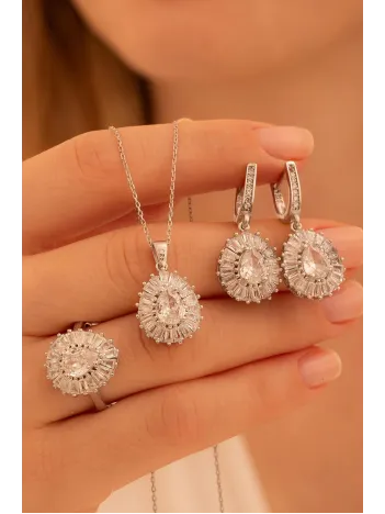 Kadın Gümüş Set - Damla Model Zirkon Taşlı Baget Süslemeli Rodyumlu Kadın Set