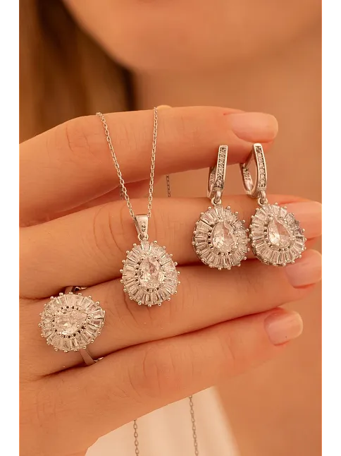 Kadın Gümüş Set - Damla Model Zirkon Taşlı Baget Süslemeli Rodyumlu Kadın Set