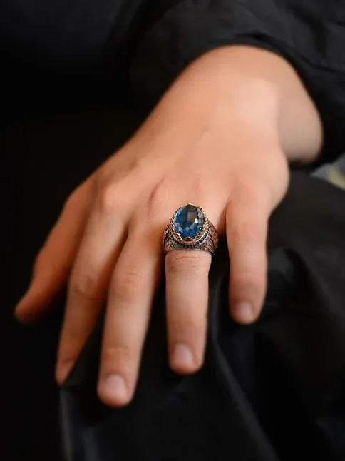 Blue Topaz Aqua Marin Taşlı Yanı İşlemeli Erkek Gümüş Yüzük