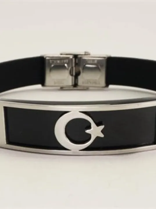 Ay Yıldız Bayraklı Kauçuk Çelik Erkek Bileklik