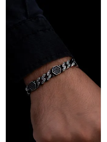 Erkek Gümüş Bileklik - Zirkon Taşlı Geometrik Şekilli Oksitli Gurmet Zinciri Model 3 Gümüş Bileklik