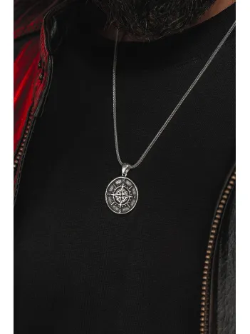 Erkek Gümüş Kolye - 925 Ayar Gümüş Tilki Kuyruğu Zincirli Yuvarlak Pusula Model Erkek Kolye