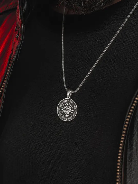 Erkek Gümüş Kolye - 925 Ayar Gümüş Tilki Kuyruğu Zincirli Yuvarlak Pusula Model Erkek Kolye