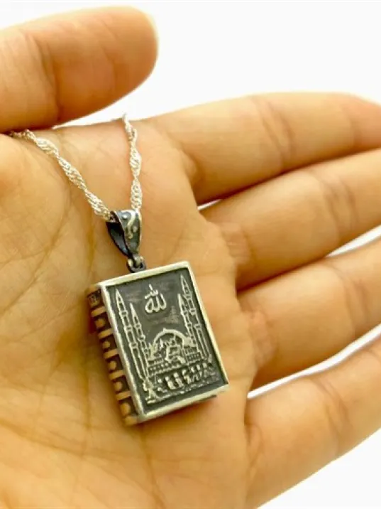 Allah Yazılı Camii Motifli Kitap Bayan Gümüş Kolye Zincir GKLGMSLLHER