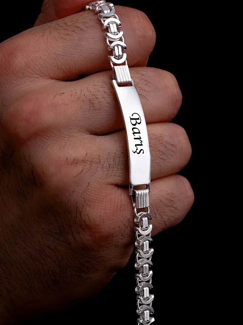 Erkek Gümüş Bileklik - 6mm İsim Yazılabilir Parlak Euro Kral Gümüş Bileklik