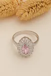 Kadın Gümüş Yüzük - Damla Model Pembe Zirkon Taşlı Baget Süslemeli Rodyumlu Kadın Yüzük