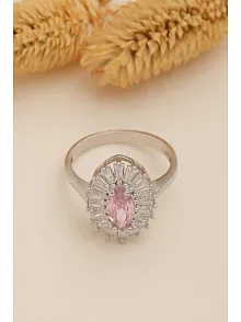 Kadın Gümüş Yüzük - Damla Model Pembe Zirkon Taşlı Baget Süslemeli Rodyumlu Kadın Yüzük