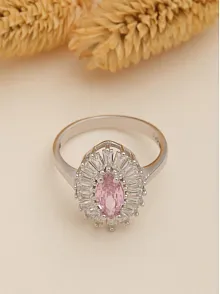 Kadın Gümüş Yüzük - Damla Model Pembe Zirkon Taşlı Baget Süslemeli Rodyumlu Kadın Yüzük