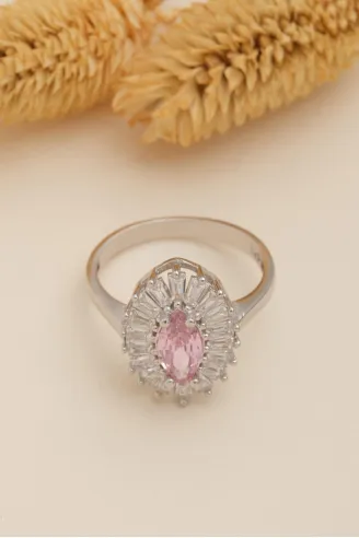 Kadın Gümüş Yüzük - Damla Model Pembe Zirkon Taşlı Baget Süslemeli Rodyumlu Kadın Yüzük
