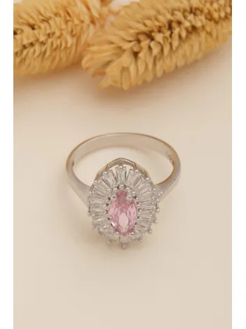 Kadın Gümüş Yüzük - Damla Model Pembe Zirkon Taşlı Baget Süslemeli Rodyumlu Kadın Yüzük