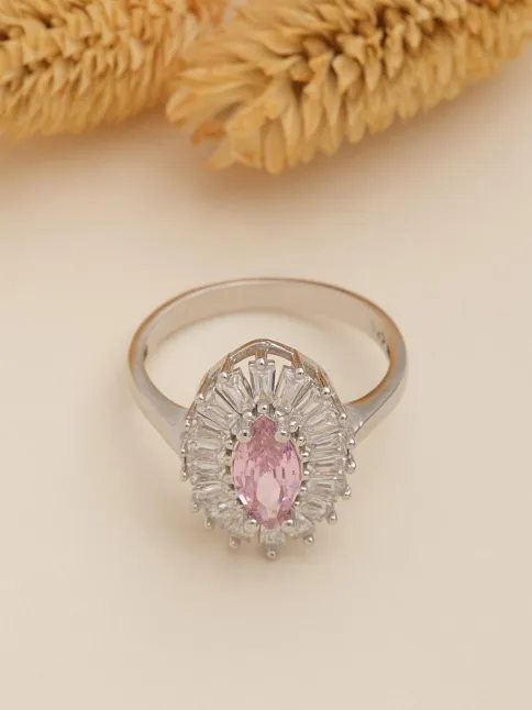 Kadın Gümüş Yüzük - Damla Model Pembe Zirkon Taşlı Baget Süslemeli Rodyumlu Kadın Yüzük