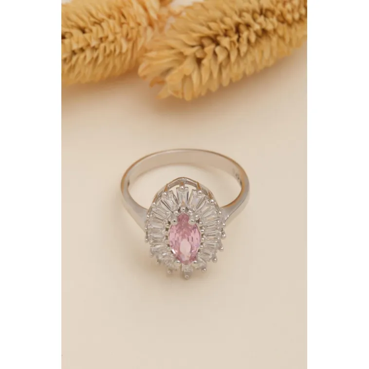Kadın Gümüş Yüzük - Damla Model Pembe Zirkon Taşlı Baget Süslemeli Rodyumlu Kadın Yüzük Kadın Gümüş Yüzük - Damla Model Pembe Zirkon Taşlı Baget Süslemeli Rodyumlu Kadın Yüzük