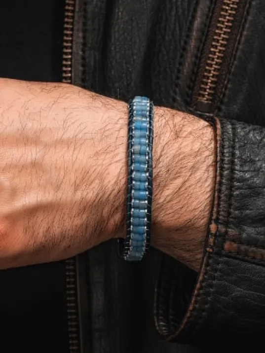 Erkek Kadın Mavi Hematit Taşı Deri Kordon Doğal Taş Bileklik