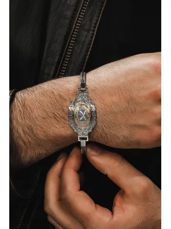 Erkek Gümüş Bileklik - Çift Hz. Ali Zülfikar Kılıcı Tilki Kuyruğu Zincirli 925 Ayar Erkek Bileklik