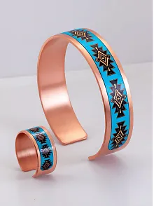Kadın Bakır Bileklik Yüzük Set - Charmaleon Model Özel Baskı Metal Kutu Ve Doğal Taşlar