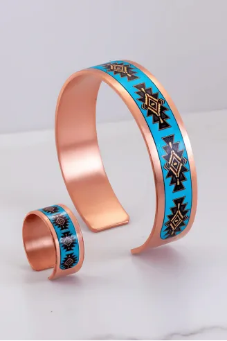 Kadın Bakır Bileklik Yüzük Set - Charmaleon Model Özel Baskı Metal Kutu Ve Kuvars Taşı