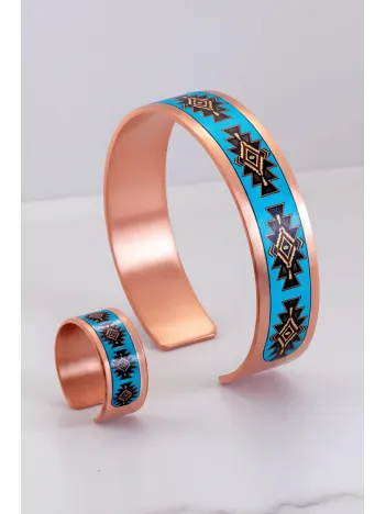 Kadın Bakır Bileklik Yüzük Set - Charmaleon Model Özel Baskı Metal Kutu Ve Doğal Taşlar