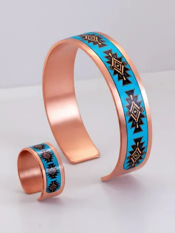 Kadın Bakır Bileklik Yüzük Set - Charmaleon Model Özel Baskı Metal Kutu Ve Doğal Taşlar