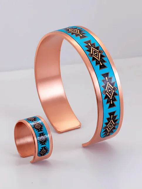 Kadın Bakır Bileklik Yüzük Set - Charmaleon Model Özel Baskı Metal Kutu Ve Doğal Taşlar