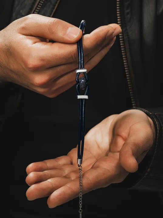 Erkek Çelik Bileklik - Orjinal Lacivert Akik Deri Çelik Erkek Bileklik