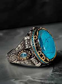 Erkek Oval Firuze Turkuaz Taşı Yanı Mavi Zirkon Taşı Şık Tasarım 925 Ayar Gümüş Yüzük