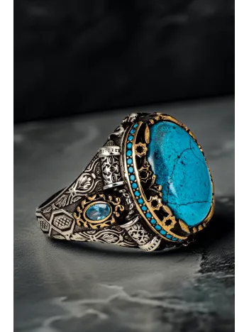 Erkek Oval Firuze Turkuaz Taşı Yanı Mavi Zirkon Taşı Şık Tasarım 925 Ayar Gümüş Yüzük