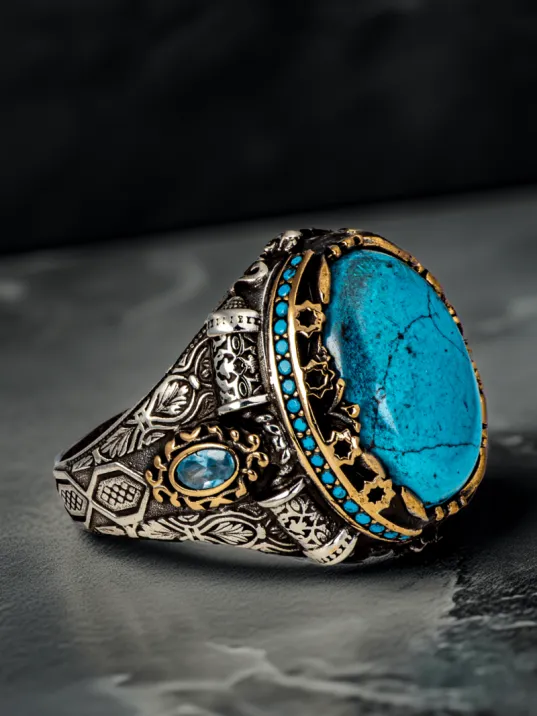 Erkek Oval Firuze Turkuaz Taşı Yanı Mavi Zirkon Taşı Şık Tasarım 925 Ayar Gümüş Yüzük