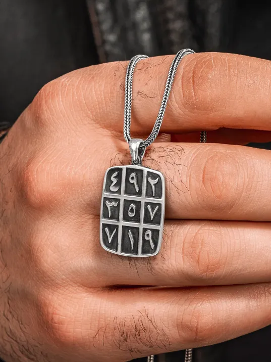 925 Ayar Gümüş Ebced Karartmalı Kolye İslami Motifli Erkek Gümüş Kolye