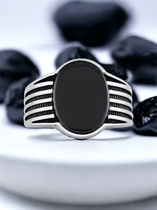 Erkek Gümüş Yüzük - 925 Ayar Siyah Oniks Taşlı Oval Erkek Gümüş Yüzük