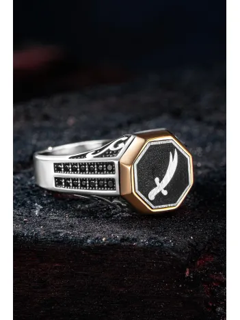 Erkek Gümüş Yüzük - Çift Zirkon Taşlı Zülfikar Kılıcı Model 2 Erkek Yüzük