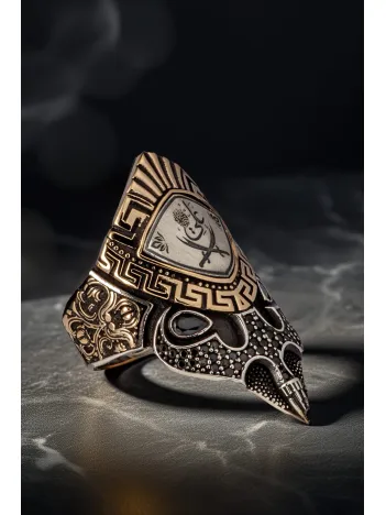 Erkek Çift Başlı Zülfikar İşlemeli Siyah Zirkon Taşlı 925 Ayar Gümüş Yüzük Zihgir Model