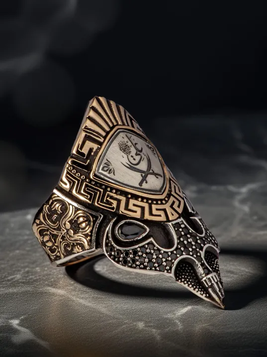 Erkek Çift Başlı Zülfikar İşlemeli Siyah Zirkon Taşlı 925 Ayar Gümüş Yüzük Zihgir Model