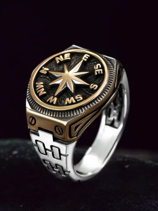 Erkek Gümüş Yüzük - Pusula İşlemeli Vida Model Erkek Yüzük Erkek Gümüş Yüzük - Pusula İşlemeli Vida Model Erkek Yüzük