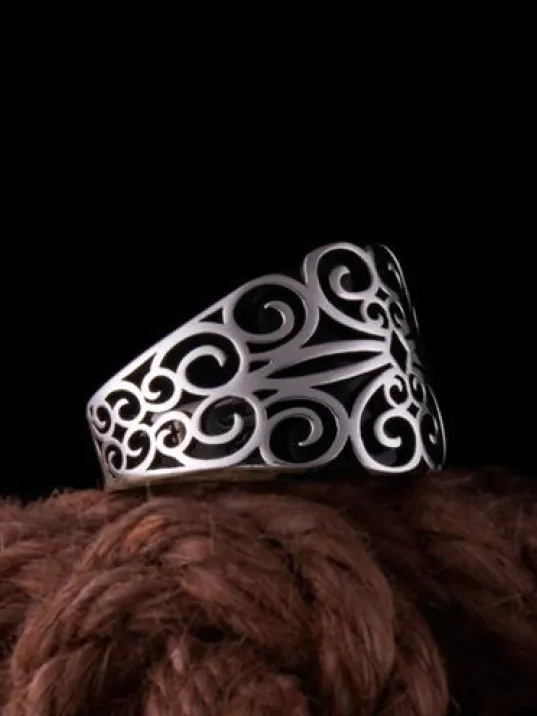 Erkek Gümüş Yüzük Ebruli Siyah Oniks Taşlı Model 2 Erkek Gümüş Yüzük